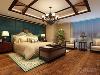 卧室在设计上采用木质结构的框架，和古朴的青铜吊灯，采用金色的壁纸，豪华的床的背景墙以及木质地板相互配和展现出东南亚风情的特色。
