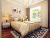 卧室的布
局上采用木地板的铺贴，卧室背景墙和客厅背景墙和谐统一，为欧式的脚线圈边。家具的采用上，颜色
为浅色系采用一点金色丝绸质感。整体和谐统一