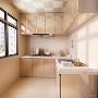 厨卫区域，卫生间是做的干湿分离，然后是厨房，厨房用的L型的橱柜，门板用的香槟金的镜面板材