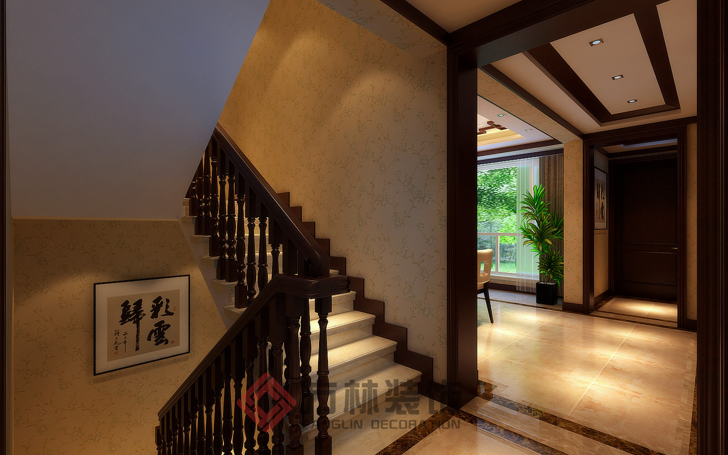 别墅 中式 小资 中式风格 楼梯图片来自方林装饰在逸景盛熙城320平中式装修案例的分享