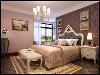 主卧室按业主要求做成偏紫色的，床背景贴紫色大马士格壁纸挂上欧式画。