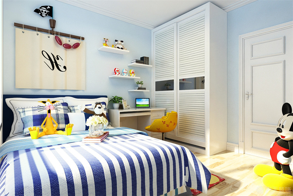 乳胶漆,床品为蓝白相间的条纹,在配饰上选用比较丰富的颜色中和冷色调