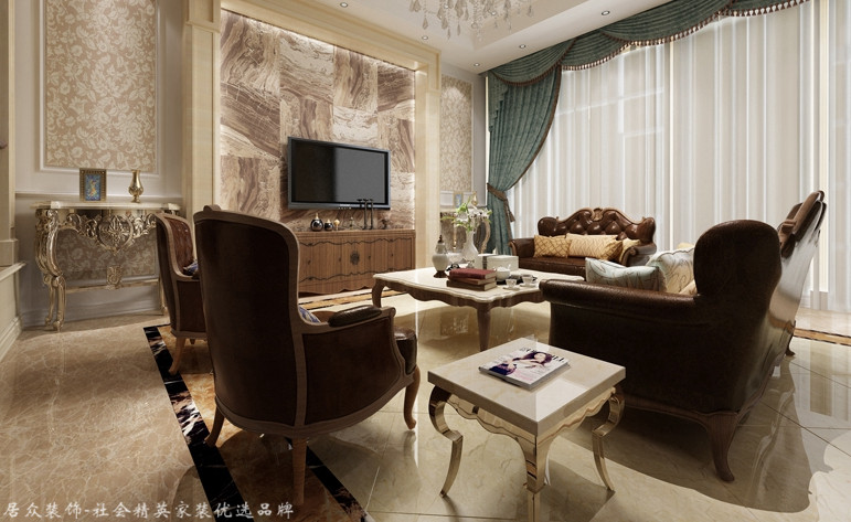 美式 复式 客厅图片来自厦门居众装饰设计工程有限公司在碧海蓝天-美式风格-300㎡的分享