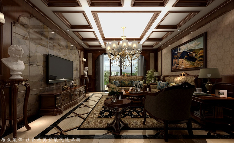美式 复式 客厅图片来自杭州居众装饰集团设计院在昆仑公馆-美式风格-299平的分享