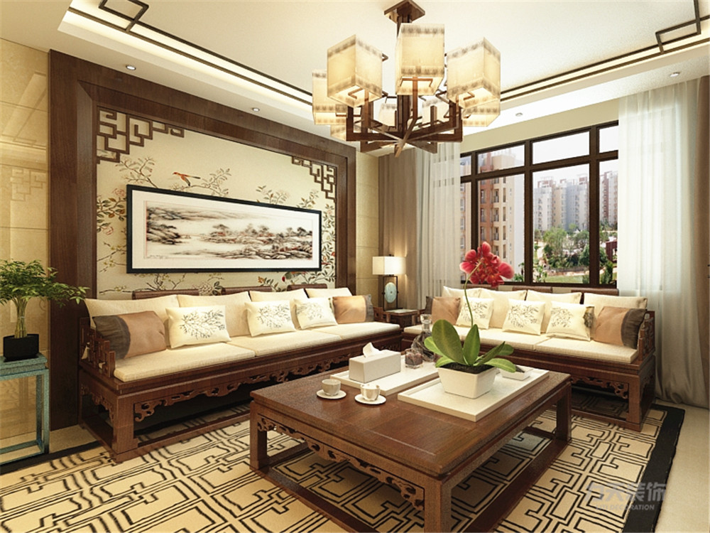 新中式 中式 三居 收纳 小资 客厅图片来自阳光力天装饰在远洋城-128㎡-新中式的分享