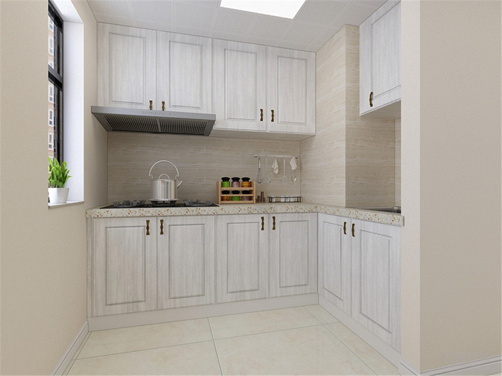 厨房的橱柜,则选用白色吸塑木纹的材质,是空间增加亮度,与家具形成