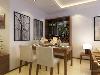 在餐厅的设计中，同样采用了木质餐桌和米色的椅子和客厅相呼应。酒柜和挂画创造出了新中式的格调高雅。
