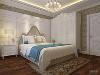 主卧采用木质地板和带有图案的床罩、地毯等，床头背景墙采用软包造型来装饰，体现华丽的风格