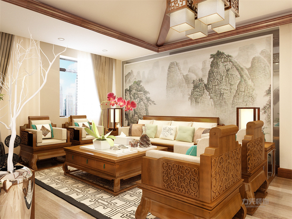 新中式 中式 四居 收纳 小资 客厅图片来自阳光力天装饰在力天装饰-万科假日风景-98㎡的分享
