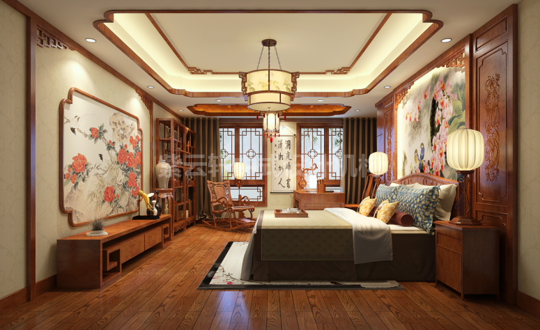 别墅 中式装修 古典中式 卧室图片来自紫云轩中式装修在青山绿水引诗赋，古木沉香牵画魂的分享