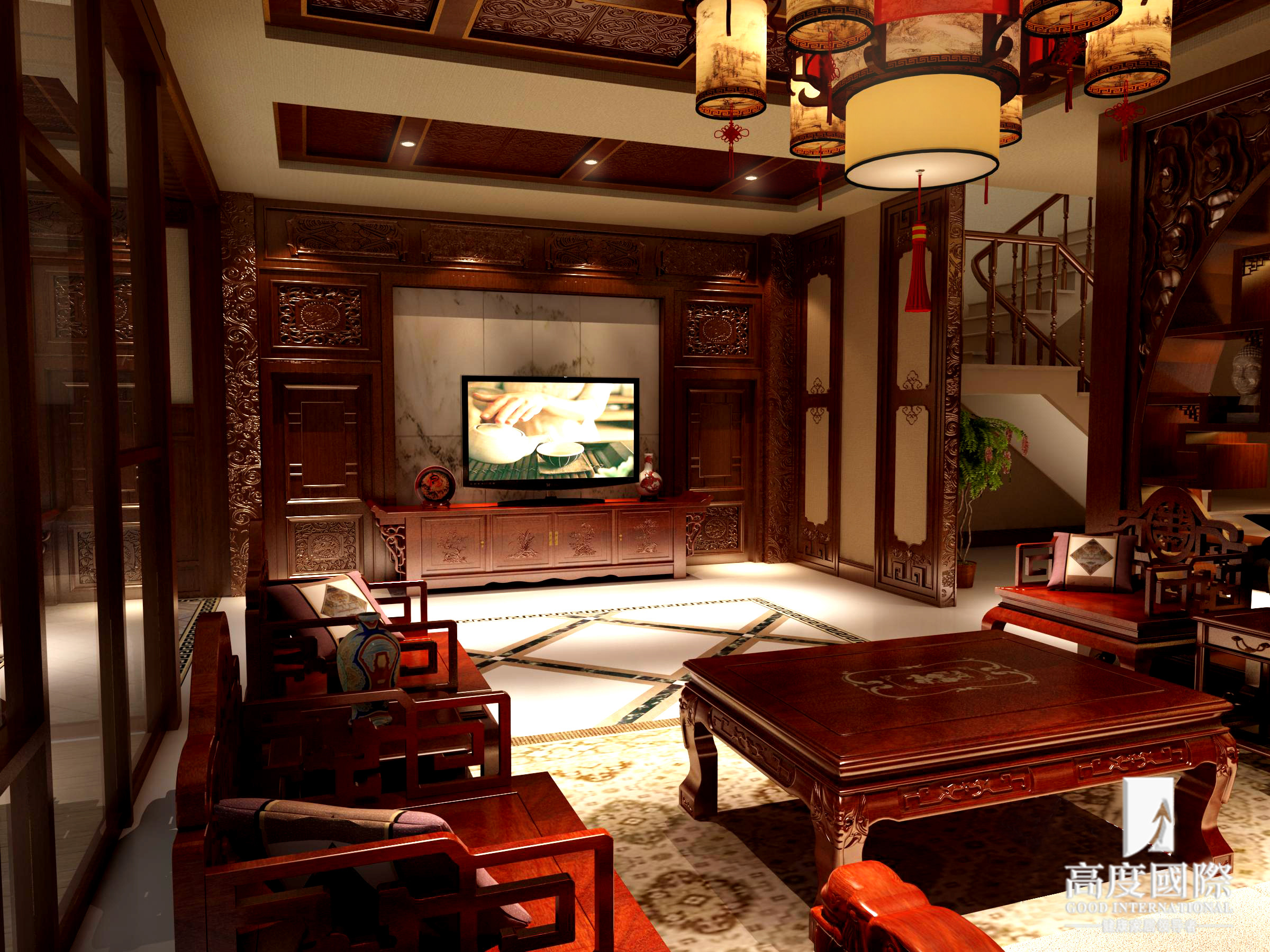 高度国际 别墅 中式风格 客厅图片来自杭州别墅装修设计在杭州500方独栋别墅 | 中式风格的分享