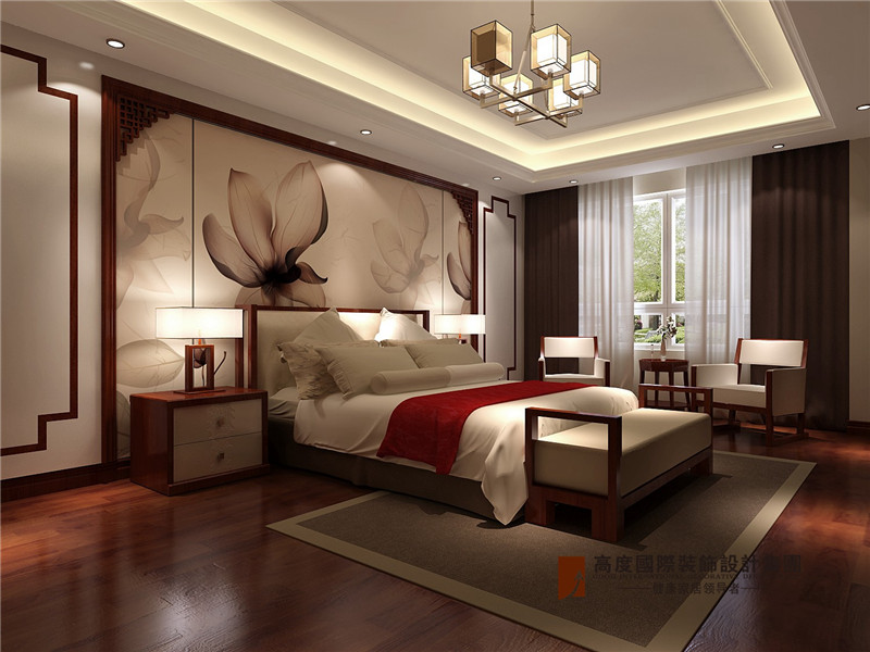 中式 新中式 别墅 小资 高帅富 卧室图片来自高度国际姚吉智在230平米新中式别墅醉美东方的分享