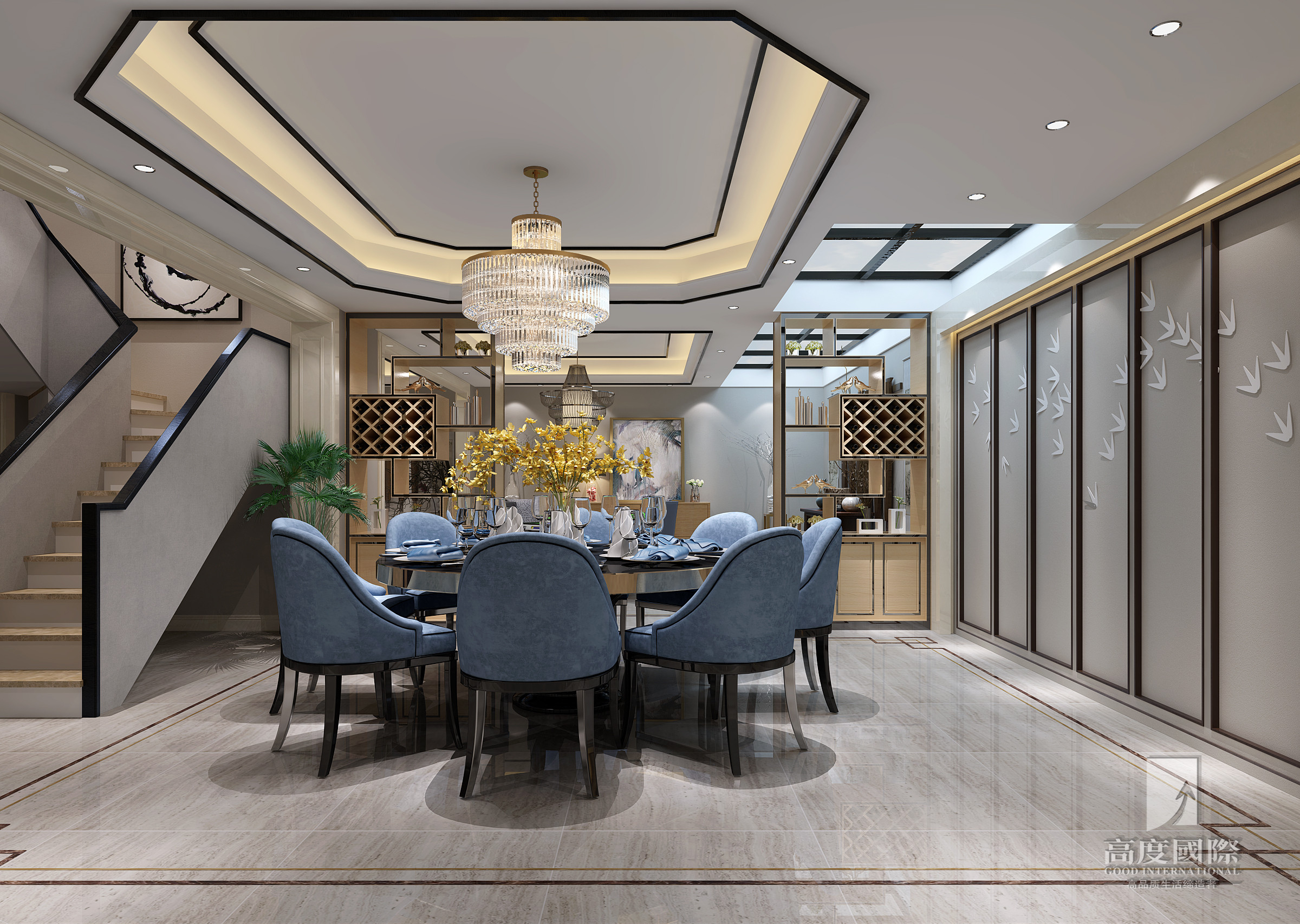 新中式风格 高度国际 餐厅图片来自杭州别墅装修设计在378平米排屋别墅筑造新中式风格的分享