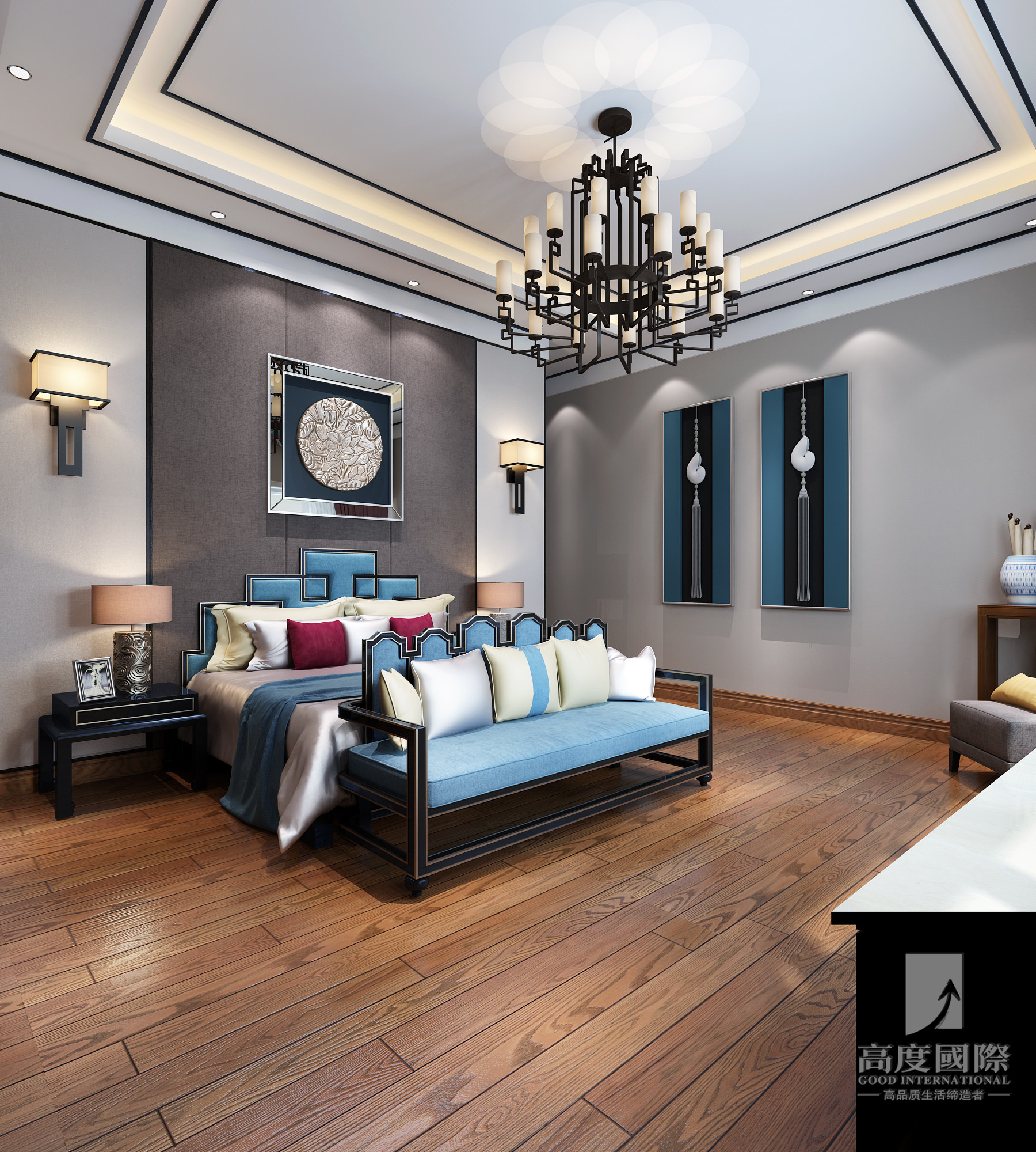 新中式风格 高度国际 卧室图片来自杭州别墅装修设计在378平米排屋别墅筑造新中式风格的分享