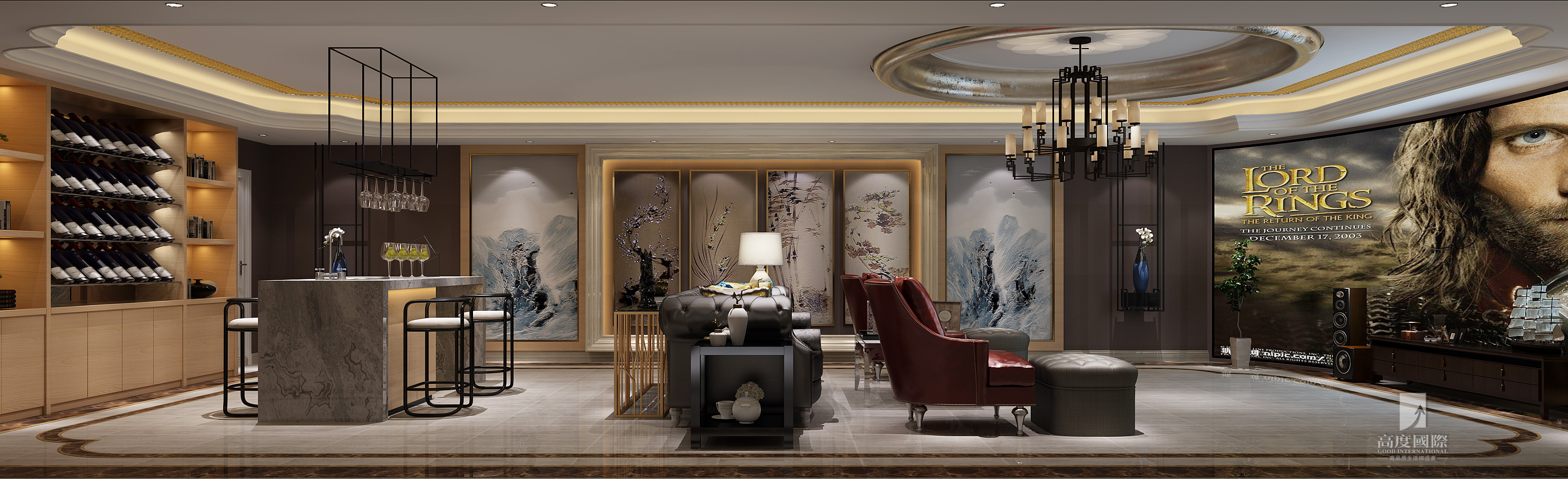 新中式风格 高度国际 客厅图片来自杭州别墅装修设计在378平米排屋别墅筑造新中式风格的分享