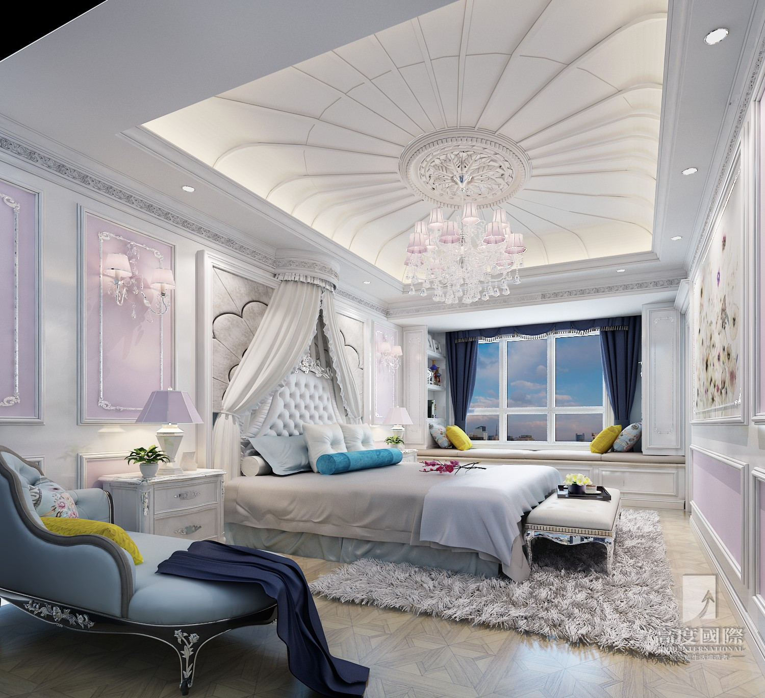 别墅 法式风格 卧室图片来自杭州别墅装修设计在400方排屋别墅筑造法式风格的分享