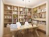 书房的书柜采用较为淡色的木板，地板则是选用较为深色的木质地板，使两个木头材质的有颜色上的反差。墙壁和窗帘选用了白色，使书房看起来简单干净。