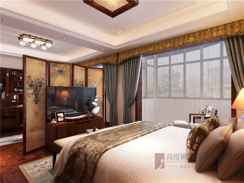 中式 别墅 大户型 高帅富 小资 卧室图片来自高度国际姚吉智在460平米中式联排别墅质朴大气的分享