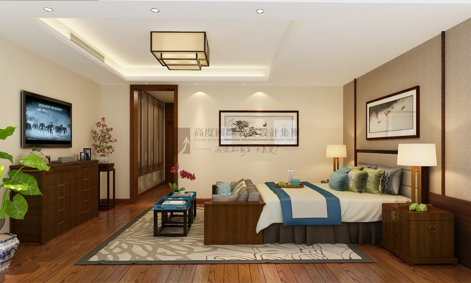 别墅 新中式风格 高度国际装 卧室图片来自杭州别墅装修设计在500方排屋别墅筑造新中式风格的分享