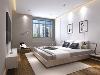卧室背景墙，选用现代装饰画与床的对比，体现一种室内舒适、简洁的现代简约风格，再加上柔和的室内暖光，更显格外的温馨。