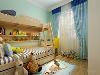儿童房墙面采用湖绿色乳胶漆，窗帘与墙面相呼应，床铺采用上下铺的，增添童趣的同时也增强了实用性