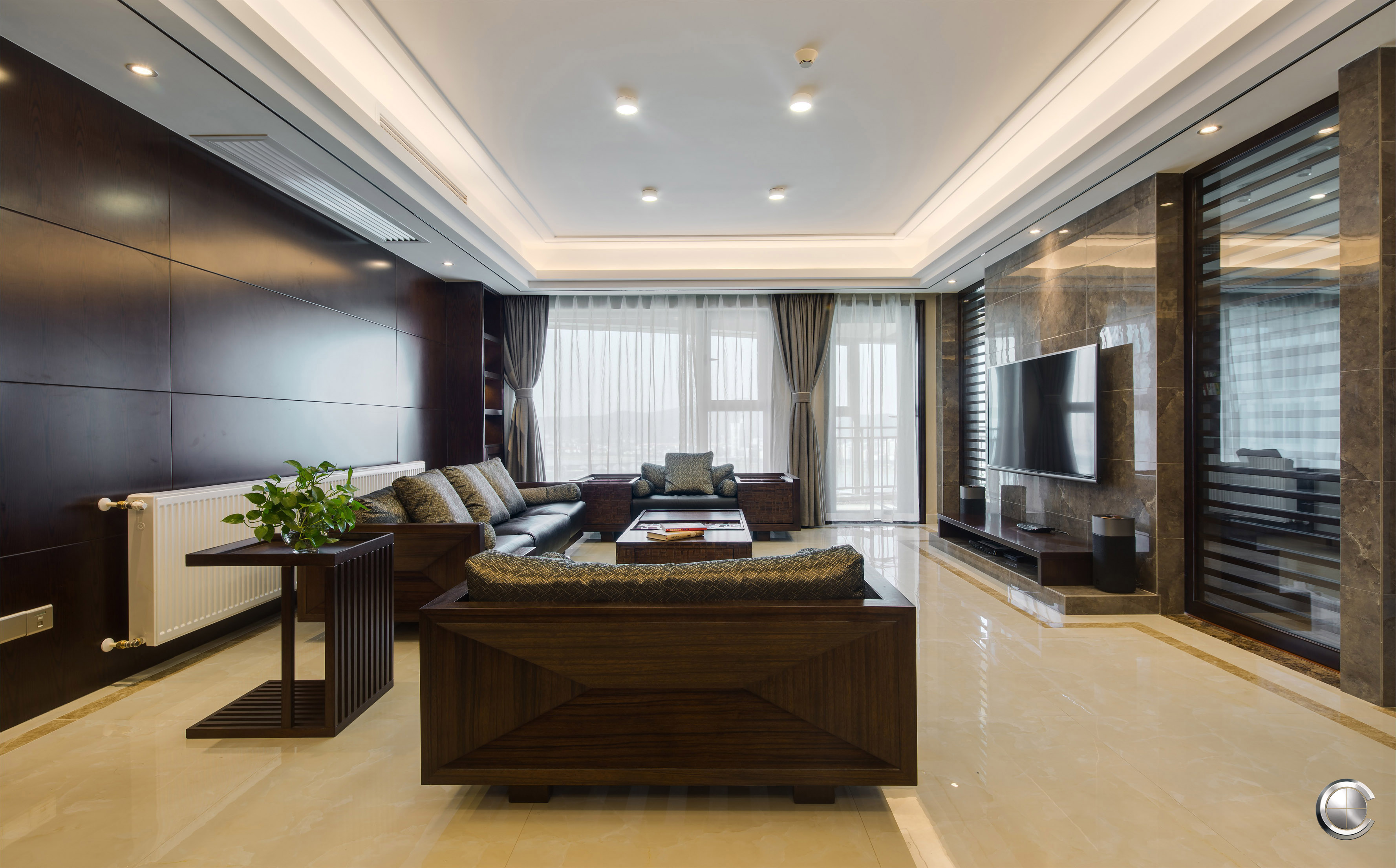 客厅图片来自南昌楷模家居生活馆在新中式170平实景案例的分享