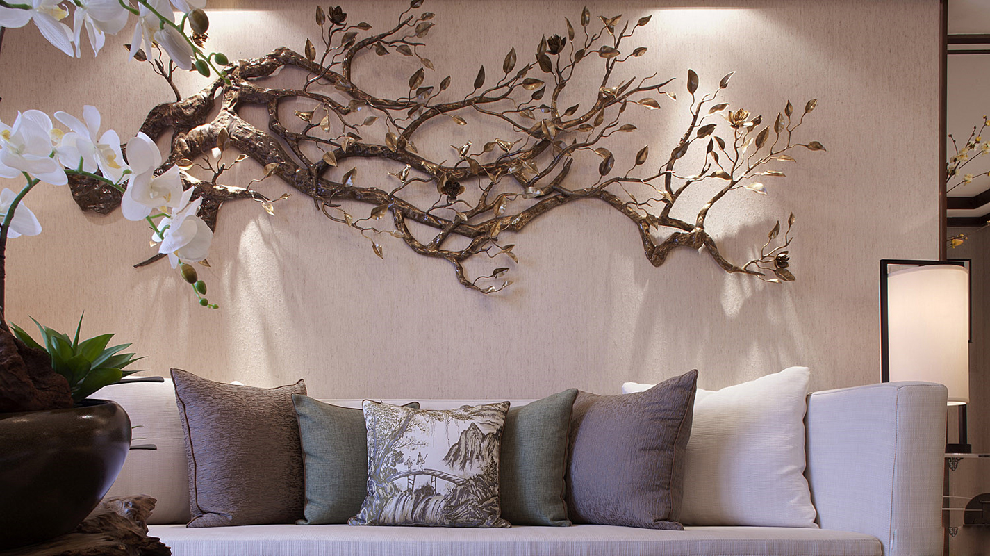 背景墙 棉质沙发 雕花 客厅图片来自紫禁尚品国际装饰公司在新中式赏析，打造品质生活的分享