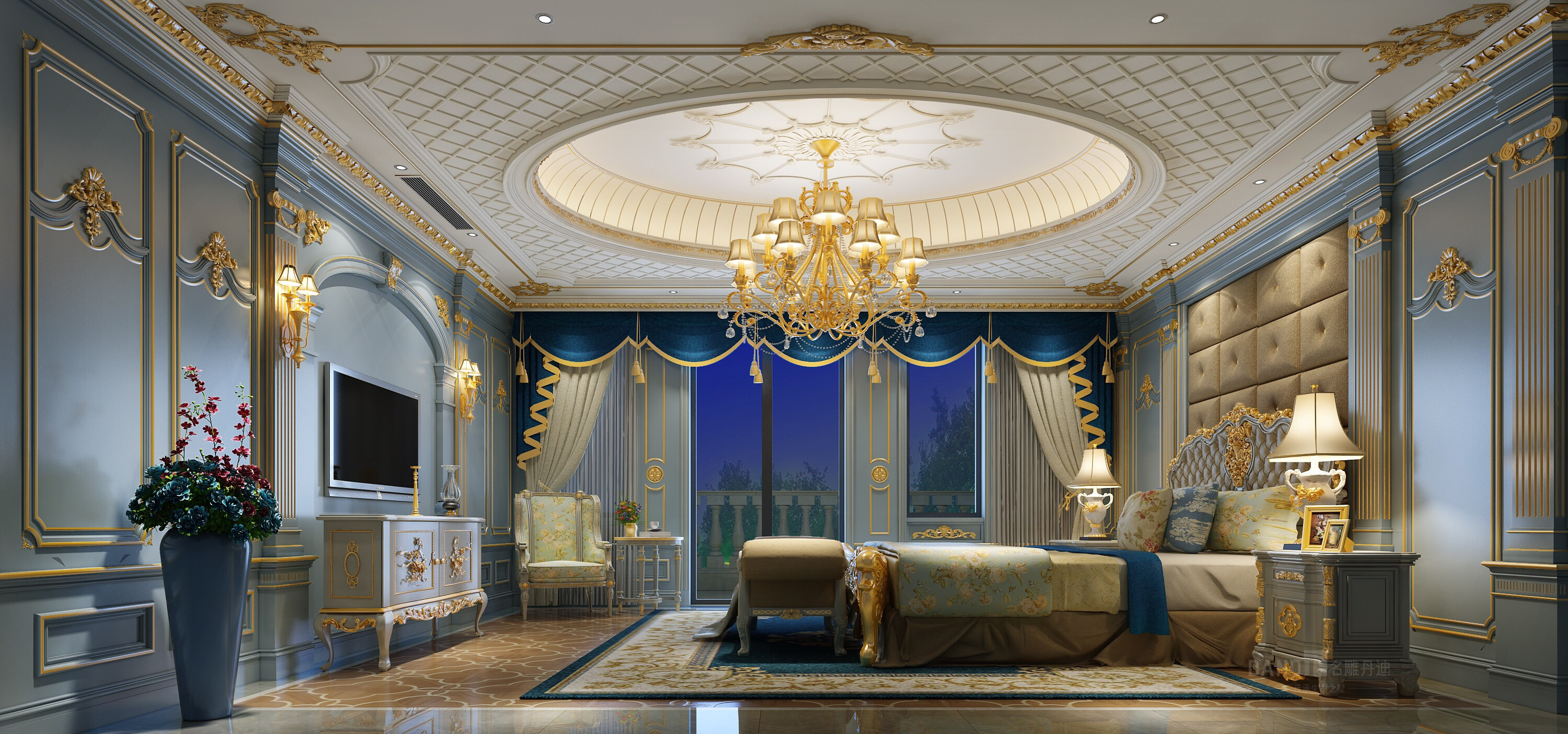别墅 简约 卧室图片来自名雕丹迪在重庆尊爵堡1800平方法式风格的分享