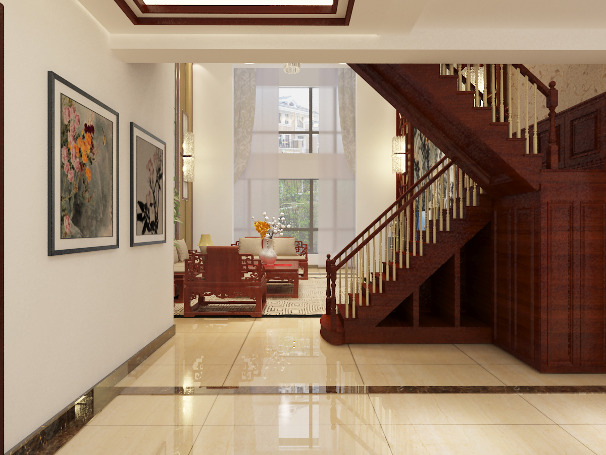 复试 中式 楼梯图片来自昆明九创装饰分公司在建工新城288㎡复式中式装修的分享
