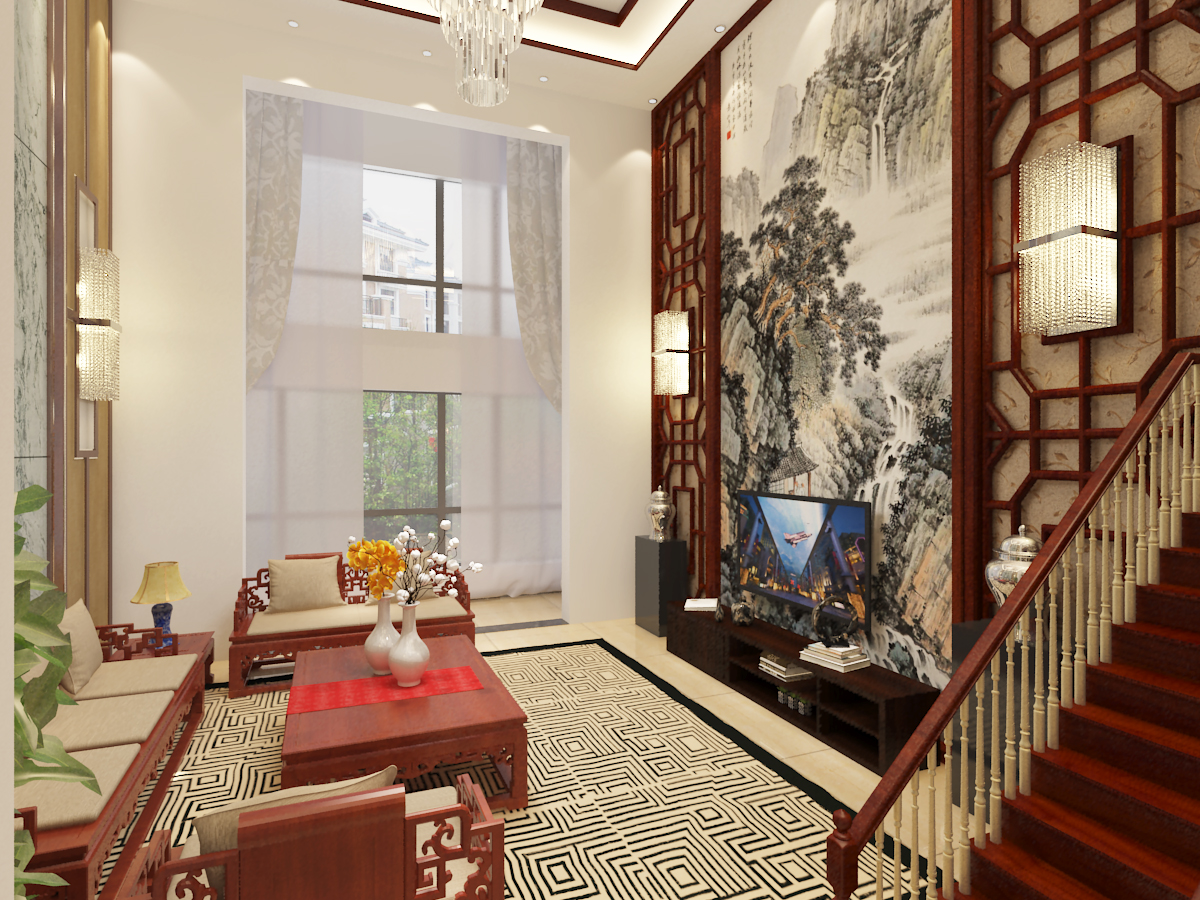 复试 中式 客厅图片来自昆明九创装饰分公司在建工新城288㎡复式中式装修的分享