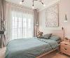 灰绿色的床单可以说是卧室的视觉亮点了，是不是有种清新感？还有床头上的树枝挂画，很是简约，却也刚刚好，白色的内窗帘很是梦幻。