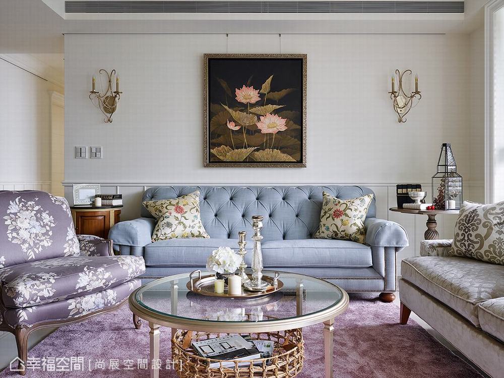 五居 大户型 美式 客厅图片来自幸福空间在264平莓紫色地道美式乡村宅的分享