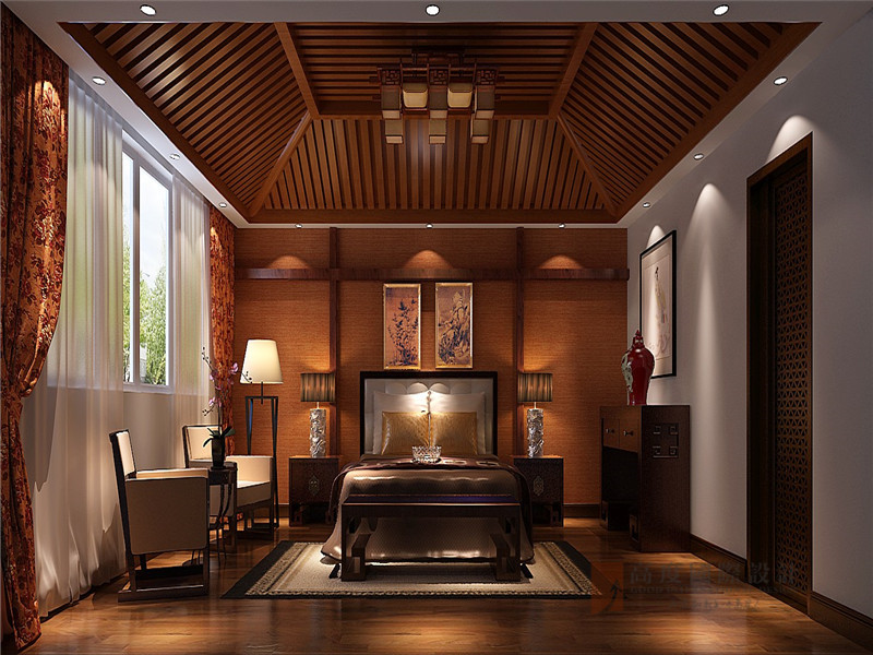 中式 别墅 大户型 跃层 复式 舒适 卧室图片来自高度国际姚吉智在龙山新新小镇800㎡新中式大宅的分享