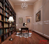 二层书房设计，墙面采用白色石膏板线条与米黄色墙面的设计，丰富空间，而书柜及家具的搭配，使整个设计不论在造型还是色调上都达成了一致。