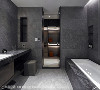 以饭店式风格诠释，利用大面积的大理石台面结合化妆台机能，搭配上仿板岩磁砖，呈现精致质感的卫浴空间。