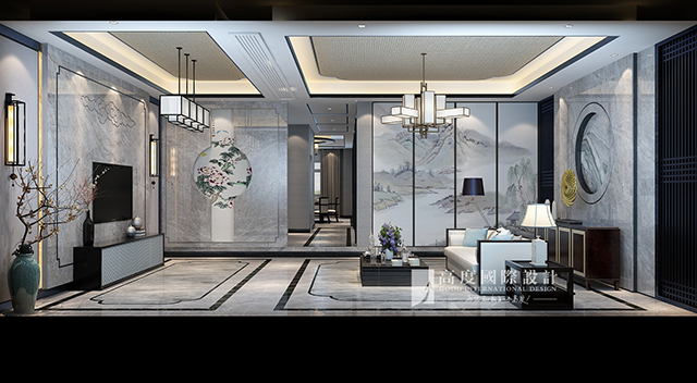 简约 欧式 田园 混搭 别墅 白领 收纳 旧房改造 80后 客厅图片来自杭州高度国际装饰设计在潮闻天下291平方新中式风格的分享