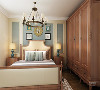 卧室里面，衣柜、床头和床头柜等，都是用了统一的木色，其他的配色主要是米色和蓝色，与客厅的颜色相互搭配。整体显得十分整洁。