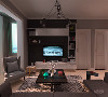 客厅以高级灰和黑色反光玻璃两种颜色为主，客厅影视墙利用反光材料的对比色与墙体颜色形成呼应