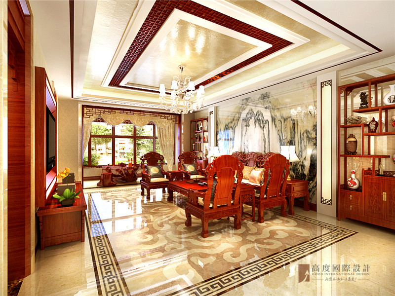 中式 四居 大户型 跃层 复式 别墅 80后 小资 客厅图片来自高度国际姚吉智在200平米新中式大平层独领风骚的分享