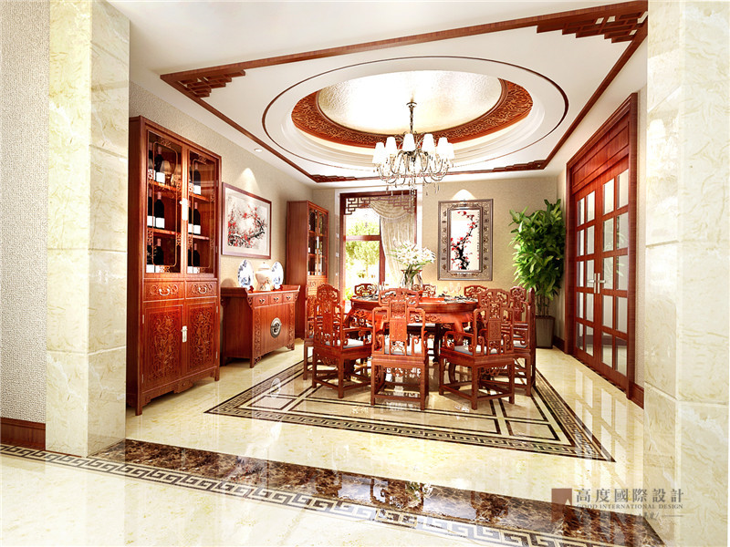 中式 四居 大户型 跃层 复式 别墅 80后 小资 餐厅图片来自高度国际姚吉智在200平米新中式大平层独领风骚的分享