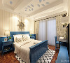 卧室多采用蓝色和白色，很好的与客厅做出了呼应，统一了风格，家具简单时尚色彩明快，自然，壁纸采用简单的条纹装饰了空间的色彩，突出了地中海明快，明亮自然的特点。