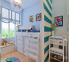 儿童房色彩亮丽，颜色为经典的蓝白相间，充满儿童的梦幻感。一个拱形的垭口，将室内分为学习区与休息区。高低床下部分带有储物功能，非常具有实用性。