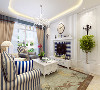 客厅采用了蓝、白色为主色调，加入其他的颜色进行搭配，使空间不暗沉，很有活力，家具的选择是以柔和的线条为主，简单大方，抱枕的样式采用了纯色、条纹、方格，使空间更加有层次感