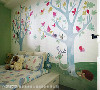 采卧铺方式规划睡眠区，下方顺势增加实用收纳机能；壁面则以大图手绘壁纸呈现，展现活泼可爱的童趣意境。