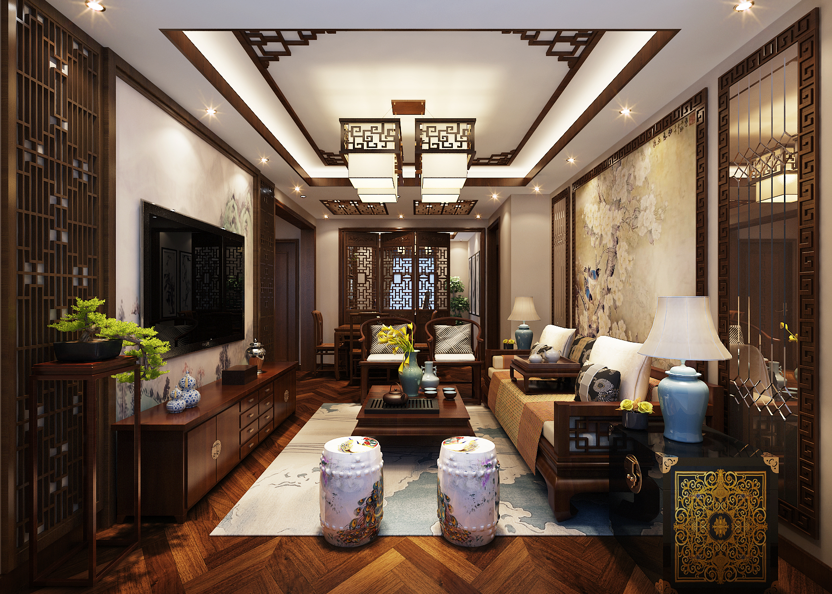 在客厅的设计中加入了中式传统的花格,传统花鸟图的加入不仅将中式的