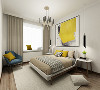 主卧总体颜色的运用、沉稳又大气、简约而不简单，黄色蓝色撞色同时的出现、使空间更加灵动。主卧床头灯的设计使生活细节化。