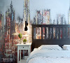 主卧室的床头采用炫彩的壁纸，体现空间张力。