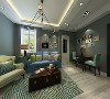 客厅的设计采用鲜亮的颜色，电视背景墙做了造型，采用了蓝色的木饰面，柱体和拉缝相结合，沙发没有选择很复杂的，简单的蓝色，搭配各种颜色的抱枕，使空间更有活力