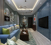 客厅的设计采用鲜亮的颜色，电视背景墙做了造型，采用了蓝色的木饰面，柱体和拉缝相结合，沙发没有选择很复杂的，简单的蓝色，搭配各种颜色的抱枕，使空间更有活力