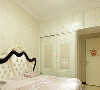 米色皮质软包质感的床，搭配上白色的衣柜，将简欧风格的浪漫、华丽，展现的淋漓尽致。欧式花纹的壁纸，贴满了整个卧室的墙壁。